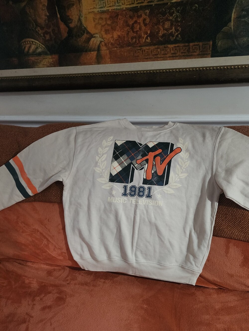 MTV White Crewneck with Plaid Logo and Orange Accents medium